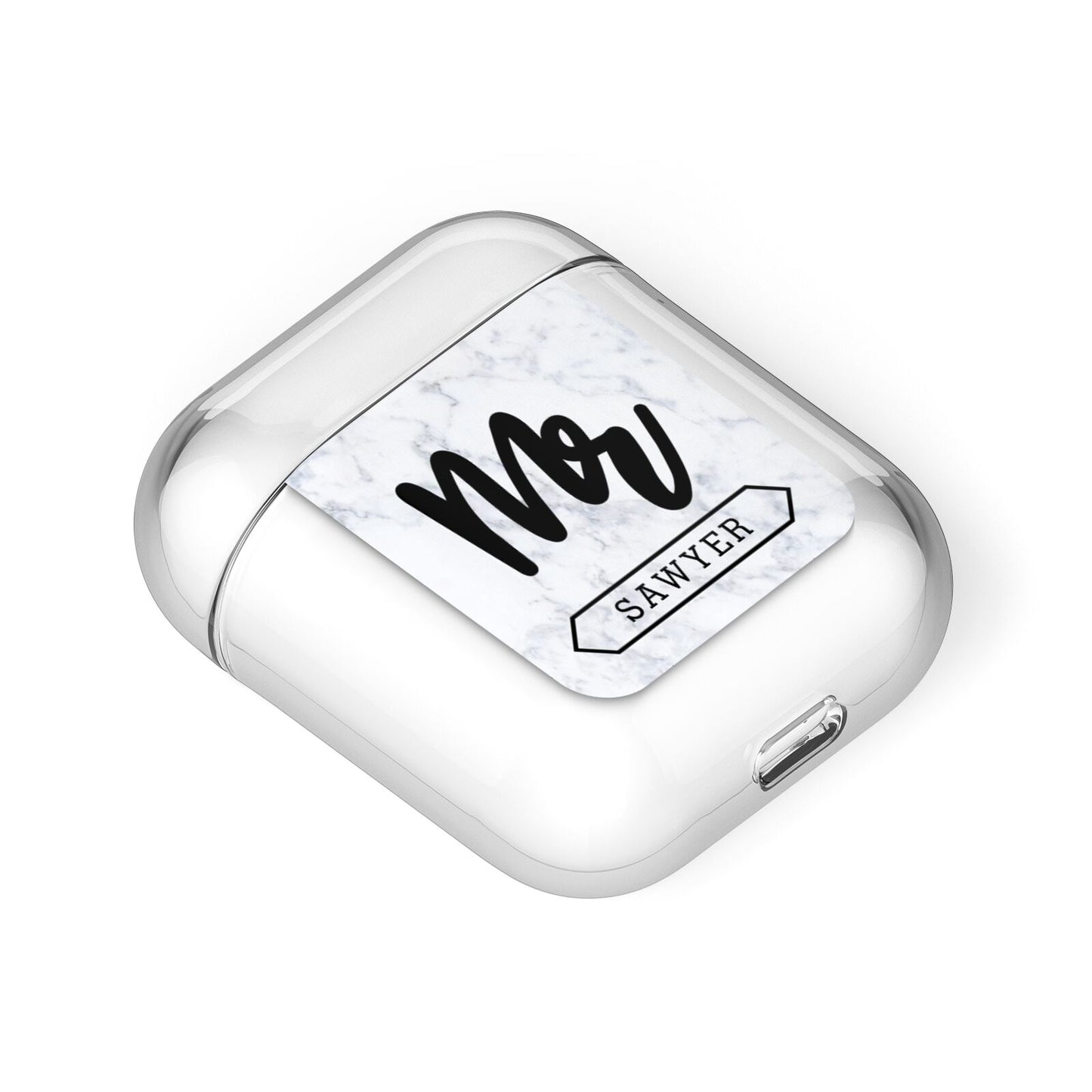 Personalised Black Mr Surname On Marble AirPods Case Laid Flat