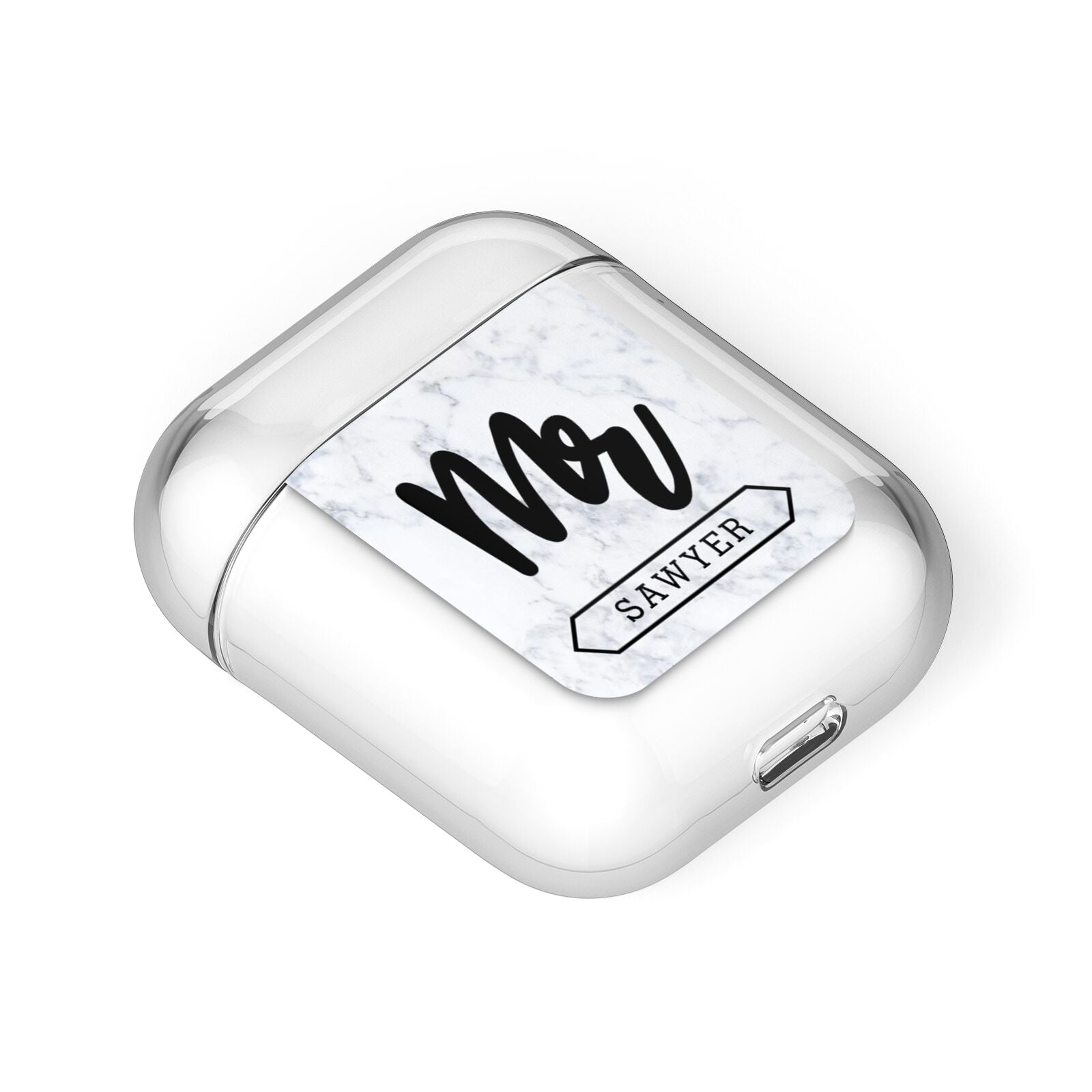 Personalised Black Mr Surname On Marble AirPods Case Laid Flat