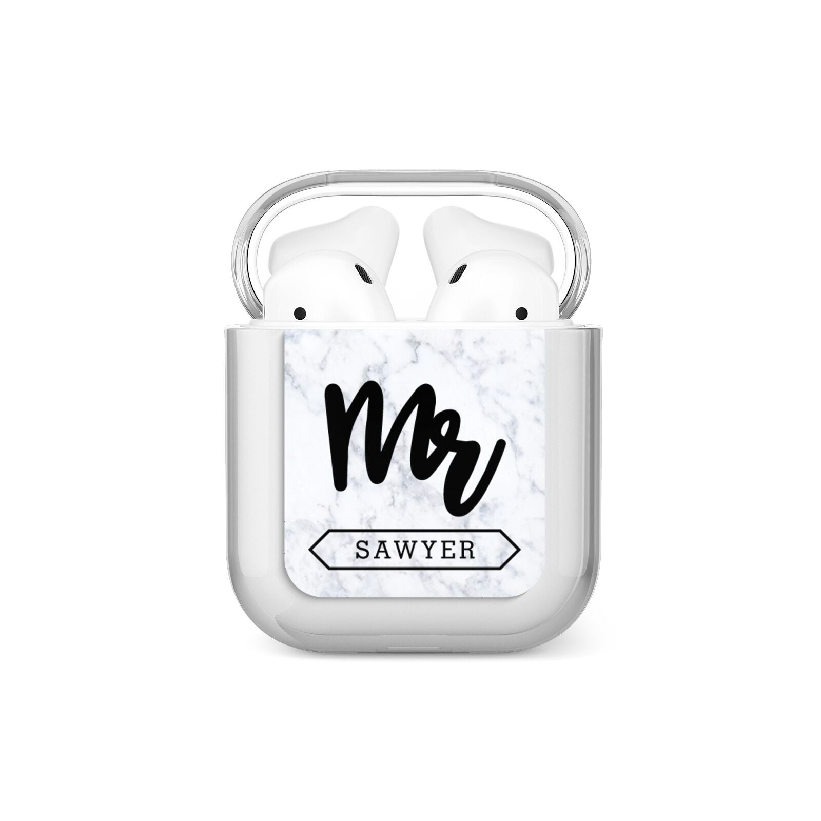 Personalised Black Mr Surname On Marble AirPods Case