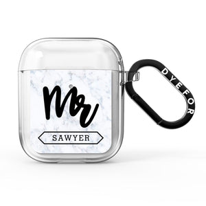 Personalised Black Mr Surname On Marble AirPods Case