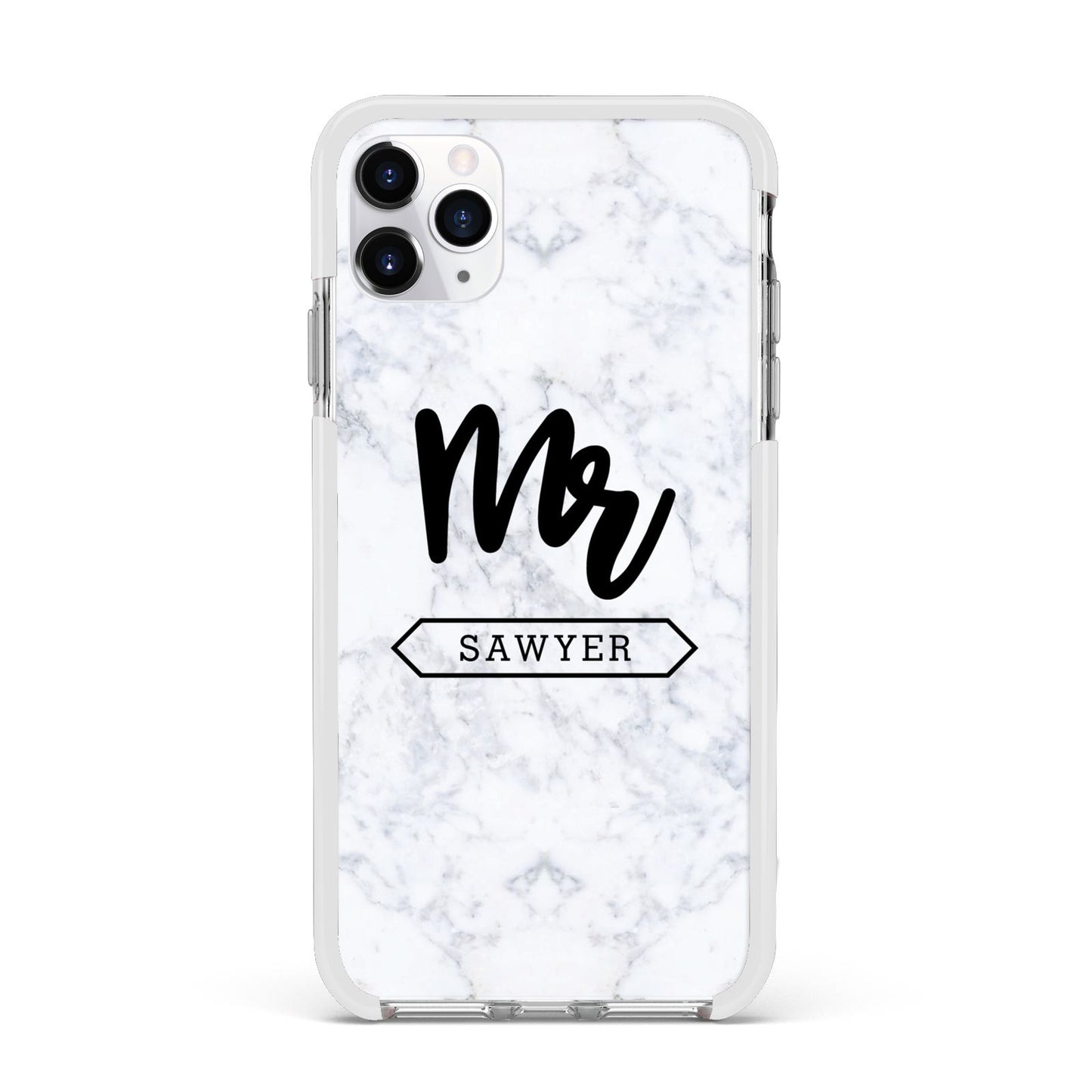 Personalised Black Mr Surname On Marble Apple iPhone 11 Pro Max in Silver with White Impact Case
