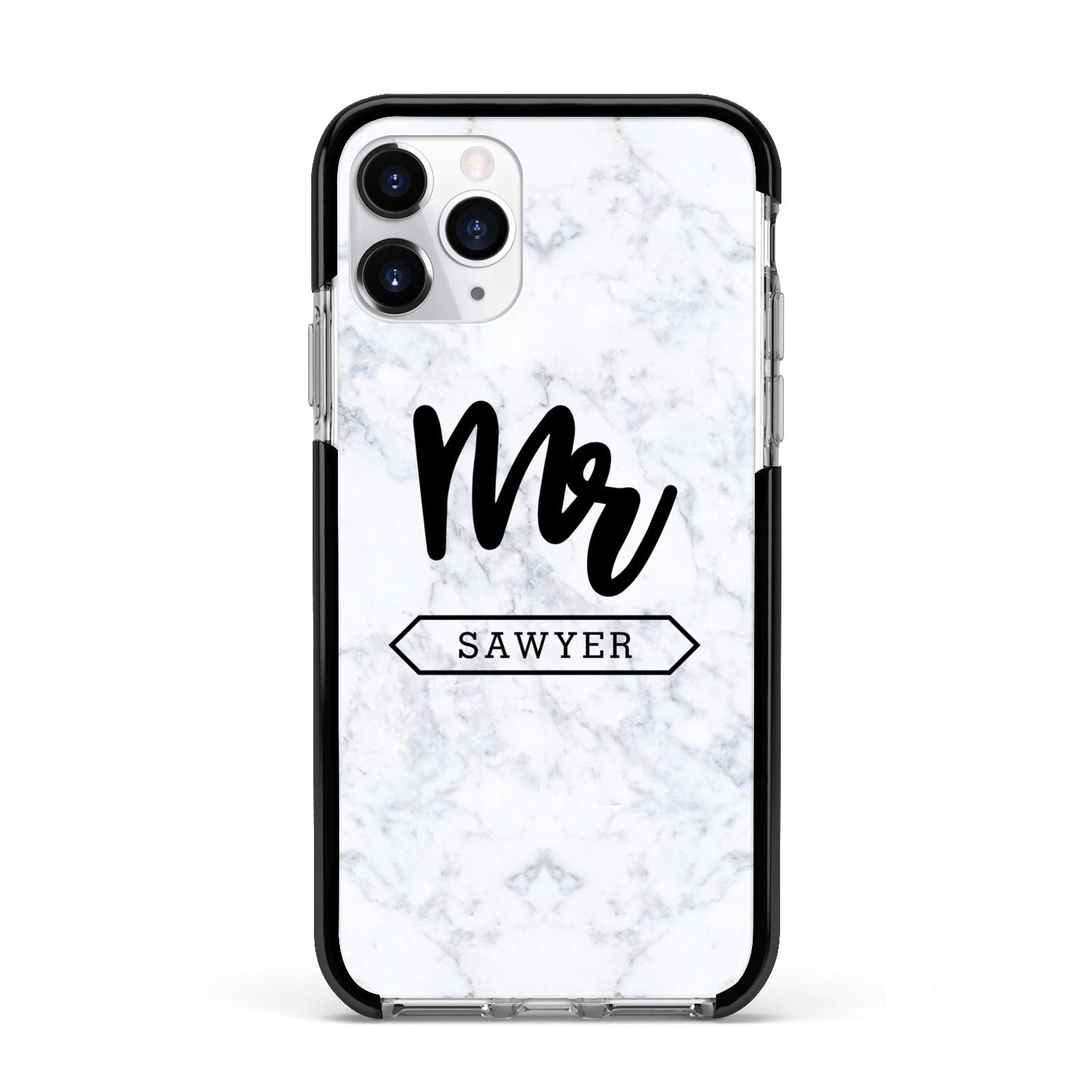 Personalised Black Mr Surname On Marble Apple iPhone 11 Pro in Silver with Black Impact Case
