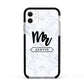 Personalised Black Mr Surname On Marble Apple iPhone 11 in White with Black Impact Case
