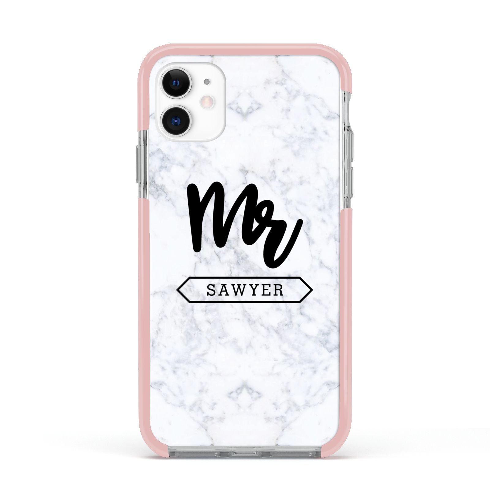 Personalised Black Mr Surname On Marble Apple iPhone 11 in White with Pink Impact Case