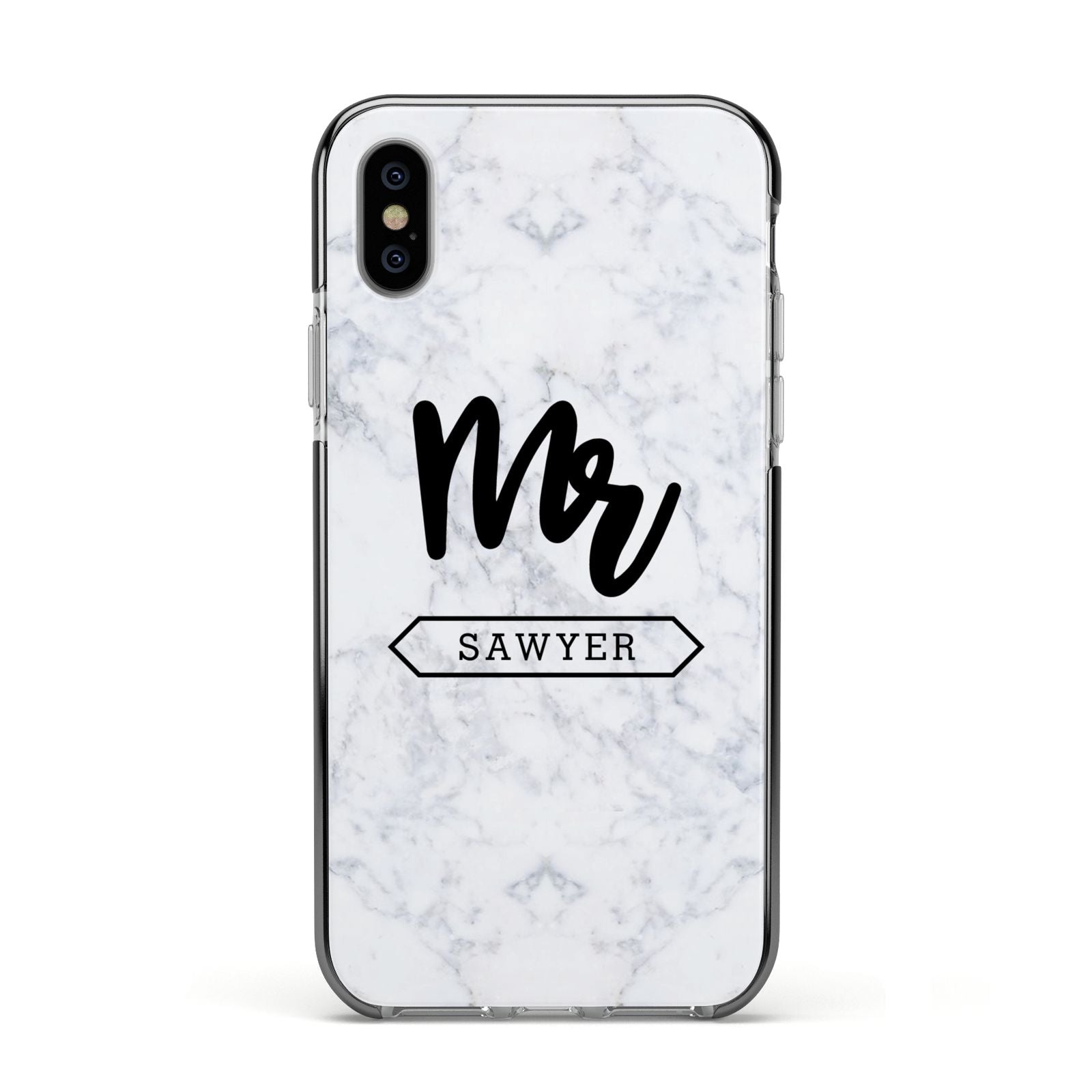 Personalised Black Mr Surname On Marble Apple iPhone Xs Impact Case Black Edge on Silver Phone