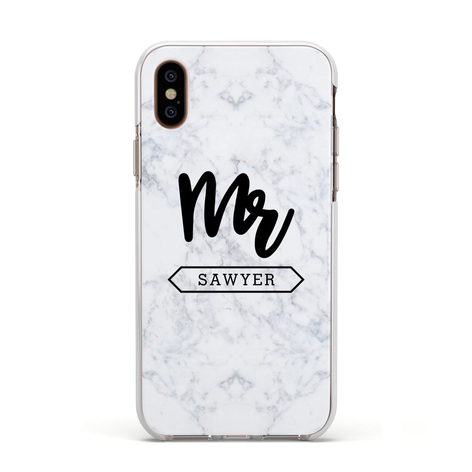Personalised Black Mr Surname On Marble Apple iPhone Xs Impact Case White Edge on Gold Phone