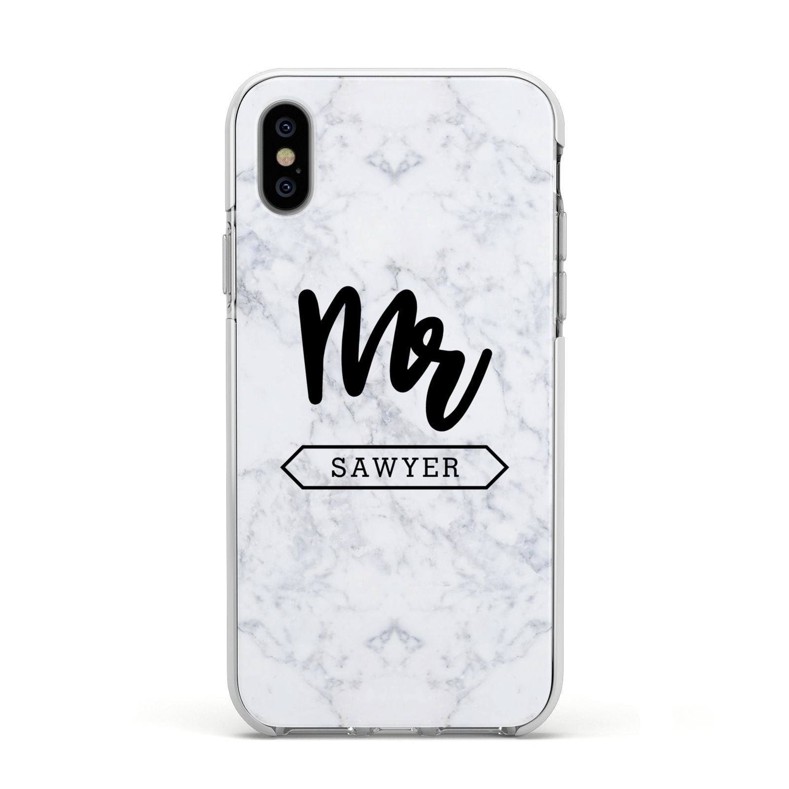 Personalised Black Mr Surname On Marble Apple iPhone Xs Impact Case White Edge on Silver Phone