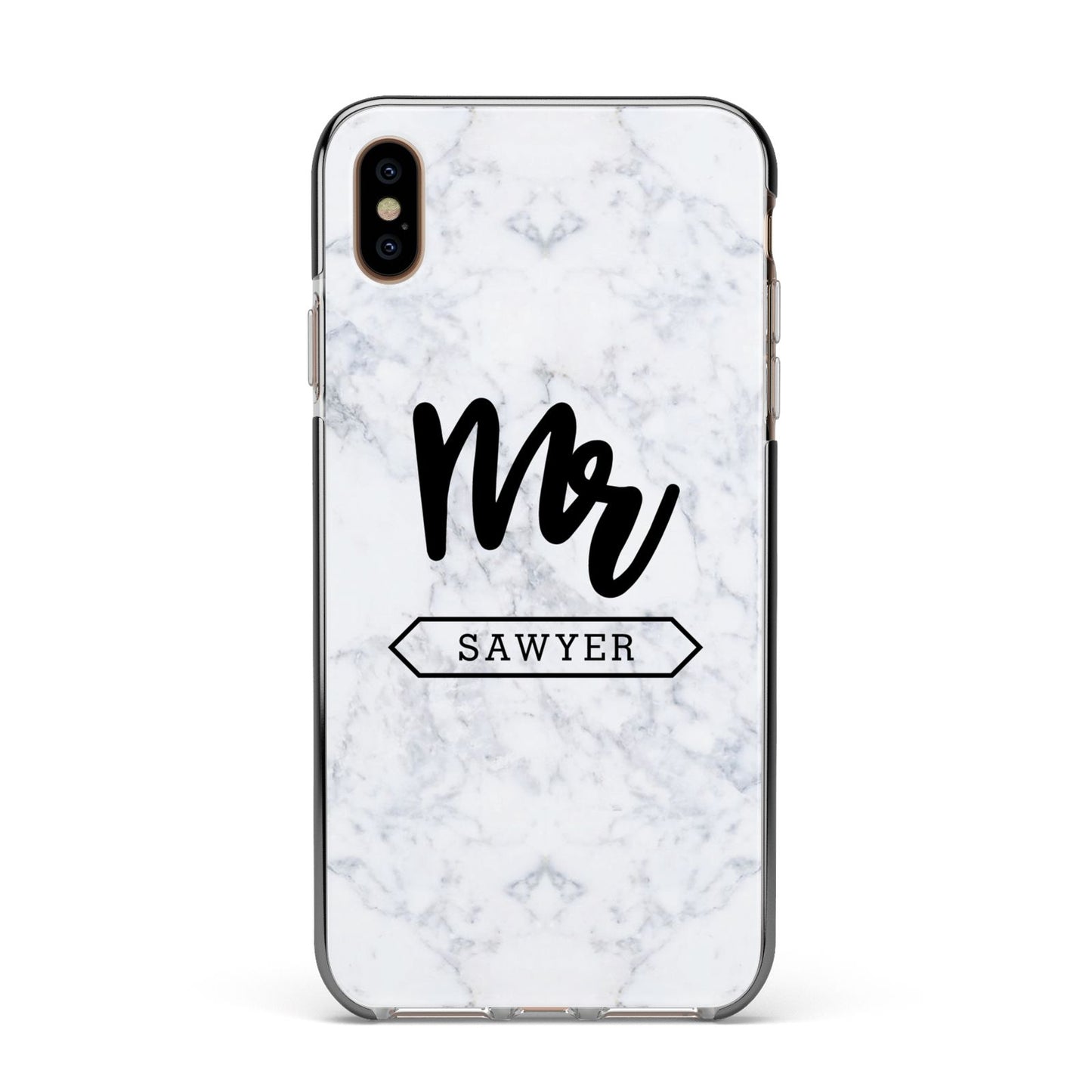Personalised Black Mr Surname On Marble Apple iPhone Xs Max Impact Case Black Edge on Gold Phone