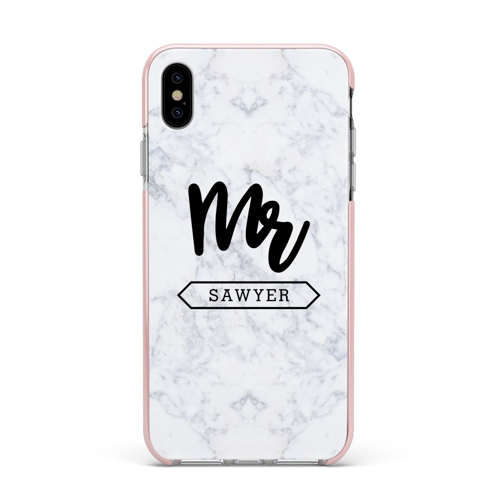 Personalised Black Mr Surname On Marble Apple iPhone Xs Max Impact Case Pink Edge on Silver Phone