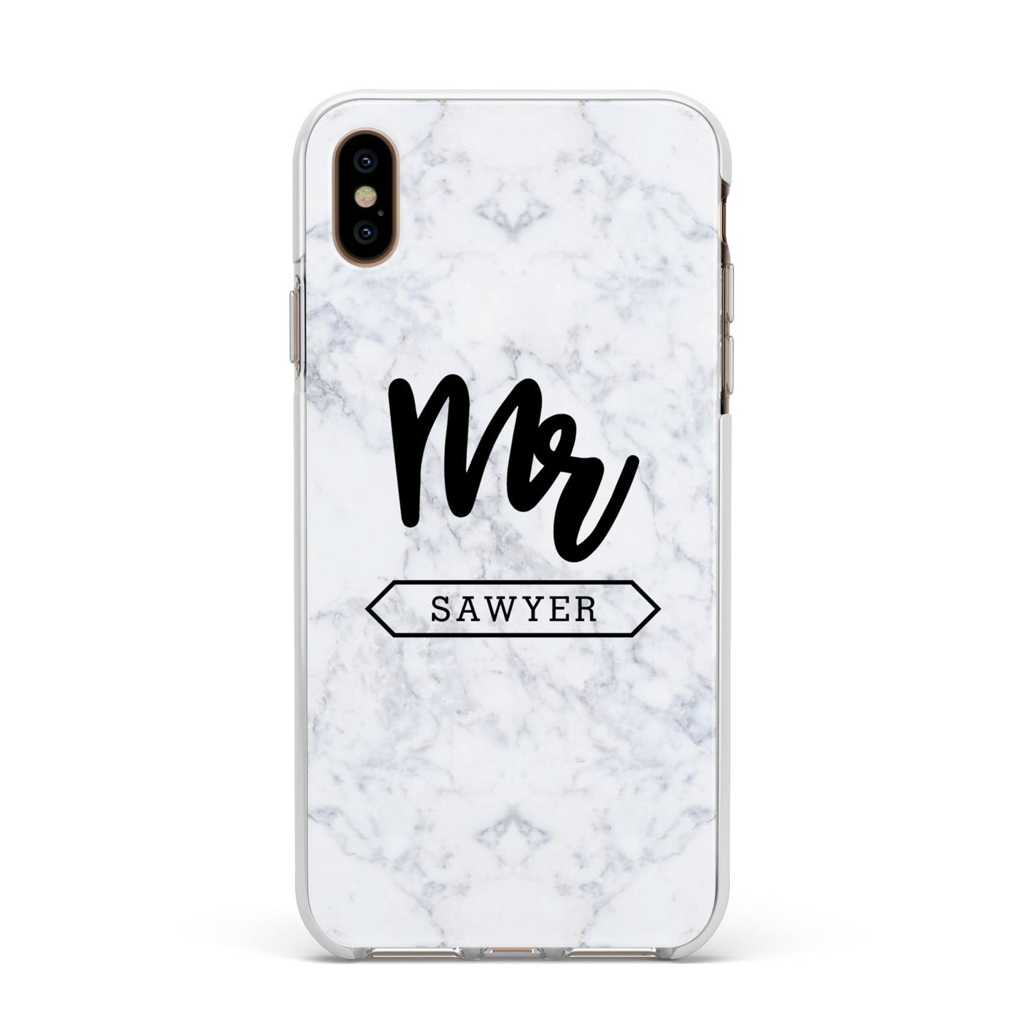 Personalised Black Mr Surname On Marble Apple iPhone Xs Max Impact Case White Edge on Gold Phone