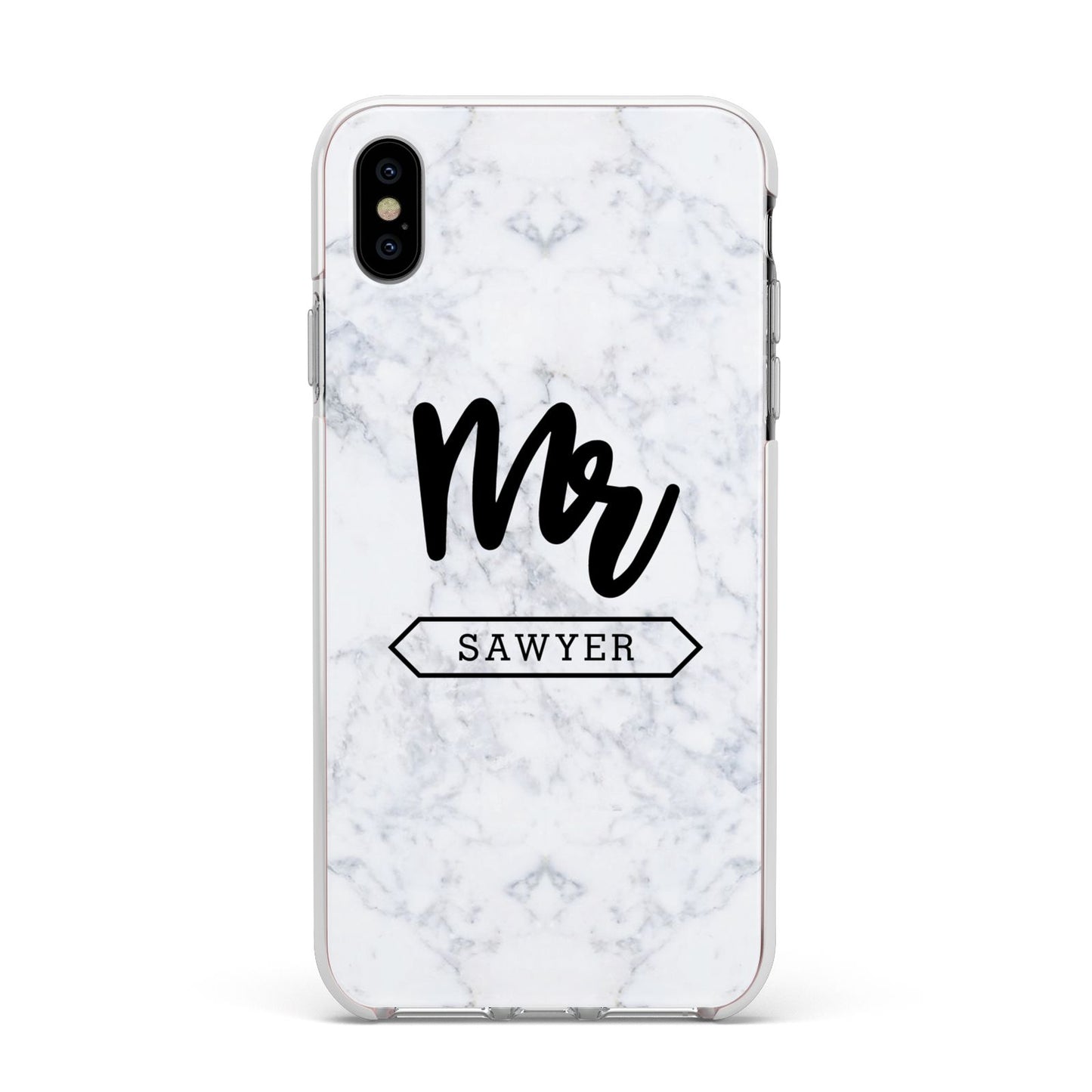 Personalised Black Mr Surname On Marble Apple iPhone Xs Max Impact Case White Edge on Silver Phone