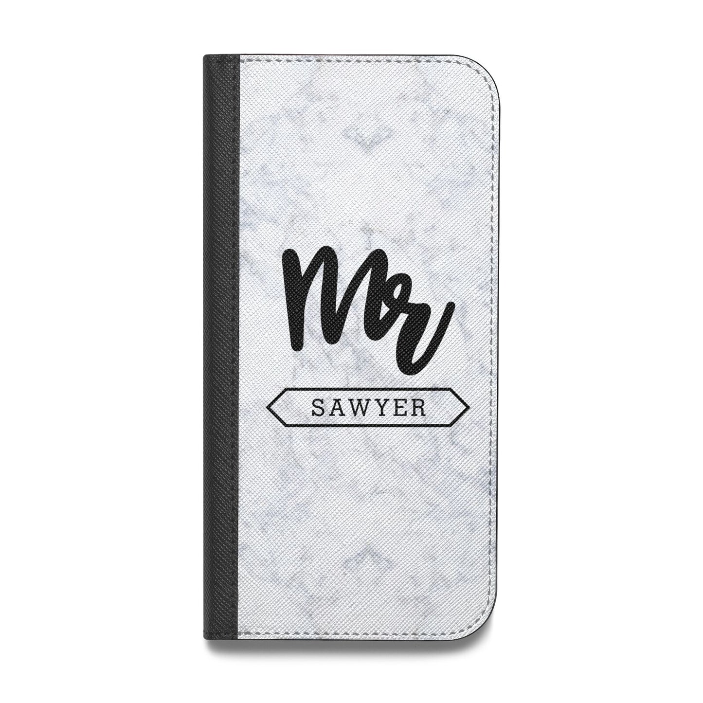 Personalised Black Mr Surname On Marble Vegan Leather Flip iPhone Case