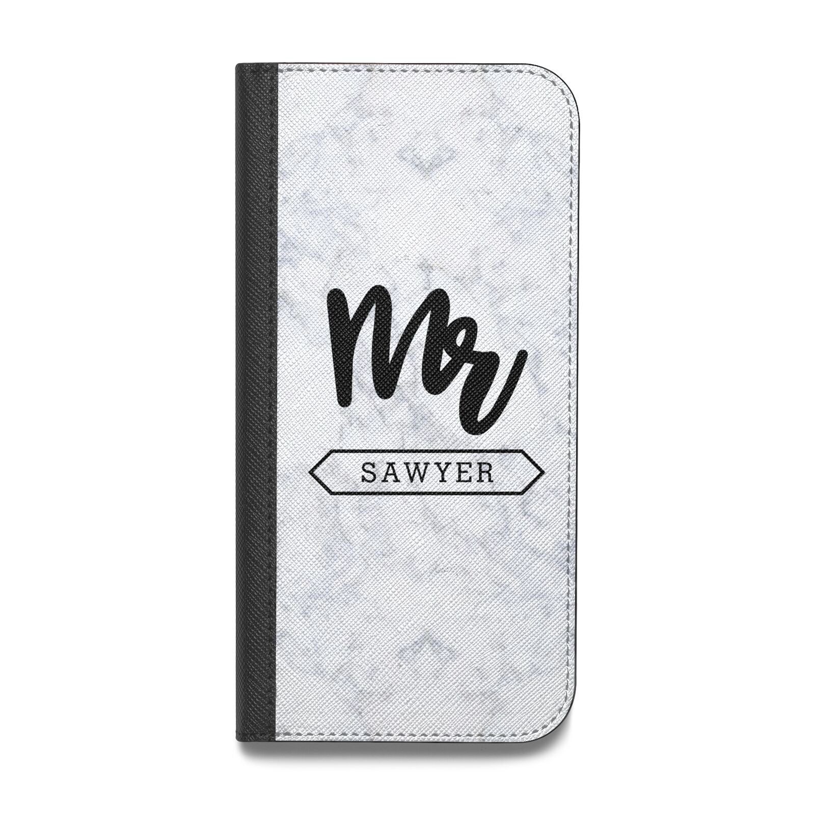 Personalised Black Mr Surname On Marble Vegan Leather Flip iPhone Case