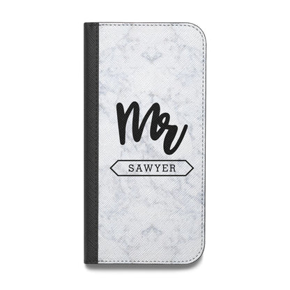 Personalised Black Mr Surname On Marble Vegan Leather Flip iPhone Case