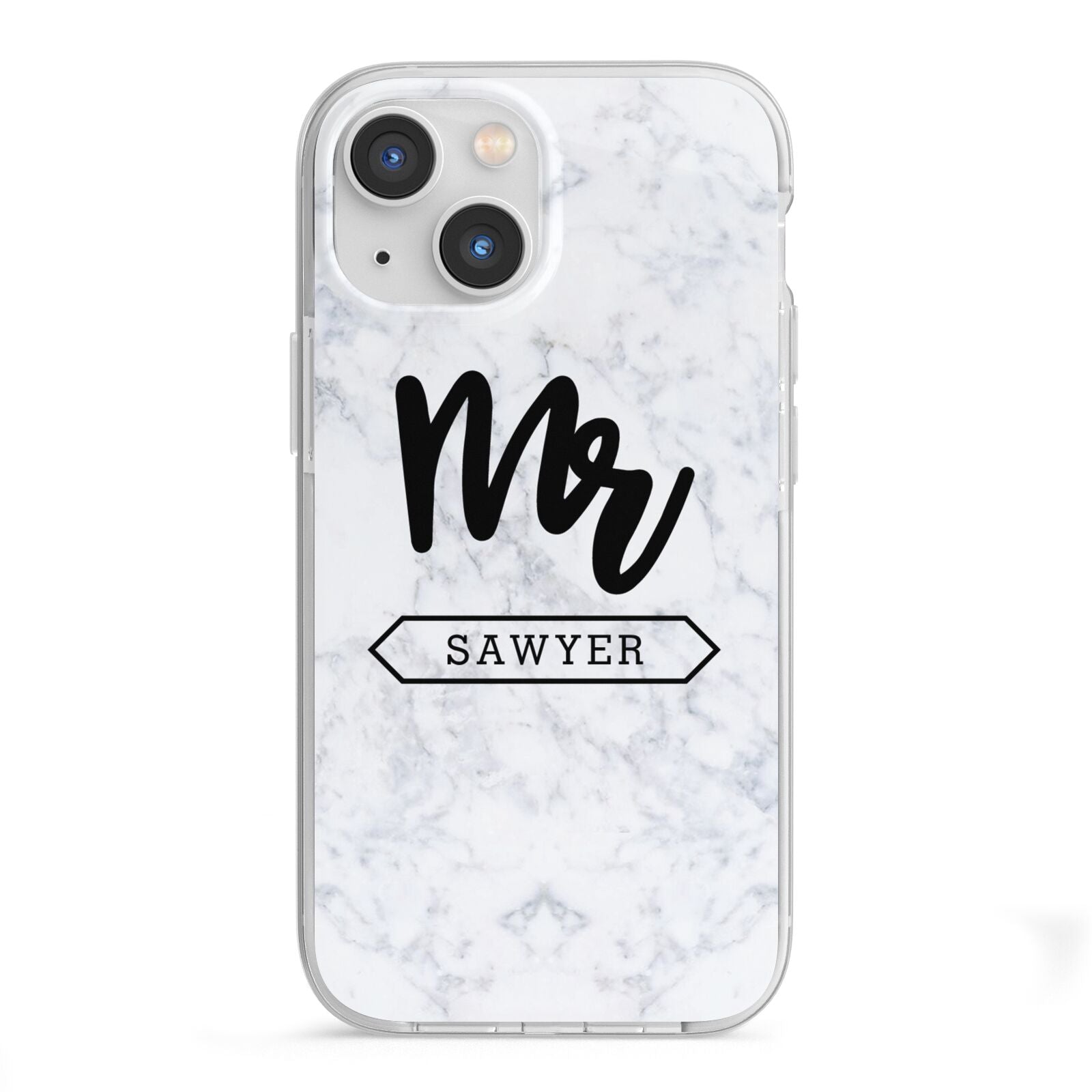 Personalised Black Mr Surname On Marble iPhone 13 Mini TPU Impact Case with White Edges