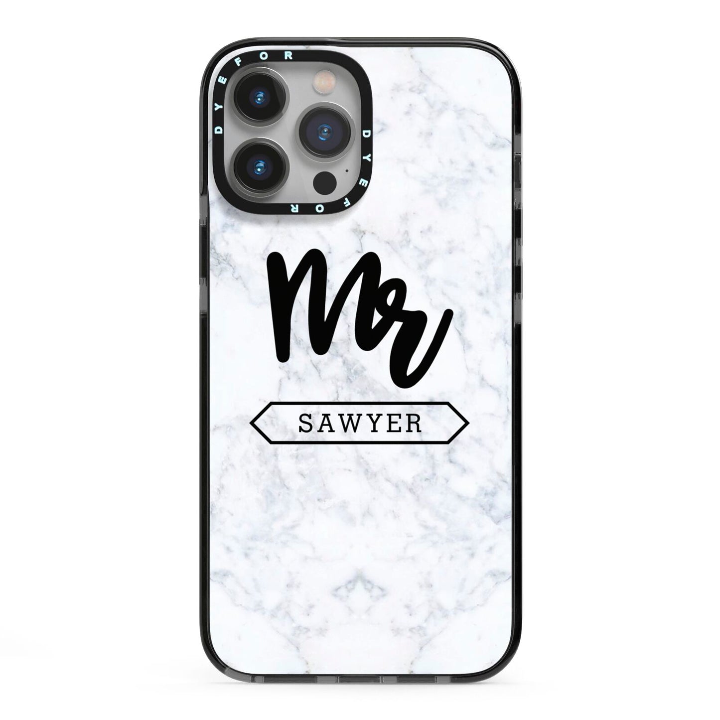 Personalised Black Mr Surname On Marble iPhone 13 Pro Max Black Impact Case on Silver phone