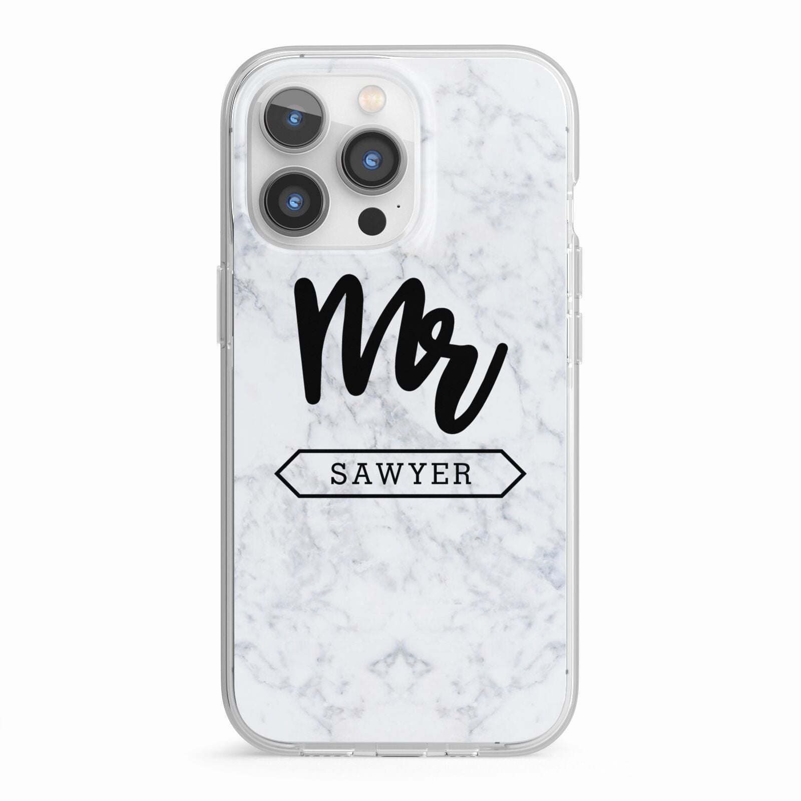 Personalised Black Mr Surname On Marble iPhone 13 Pro TPU Impact Case with White Edges