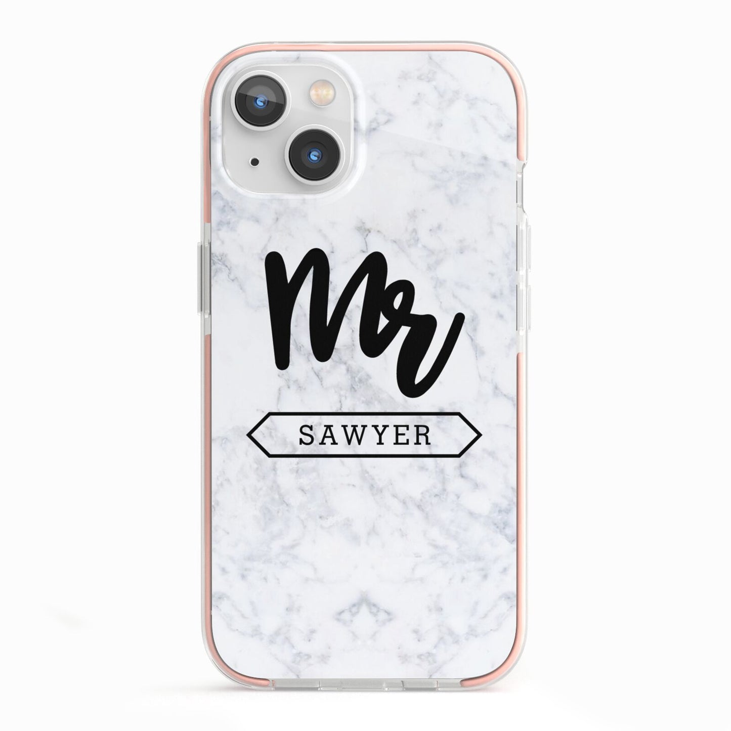 Personalised Black Mr Surname On Marble iPhone 13 TPU Impact Case with Pink Edges