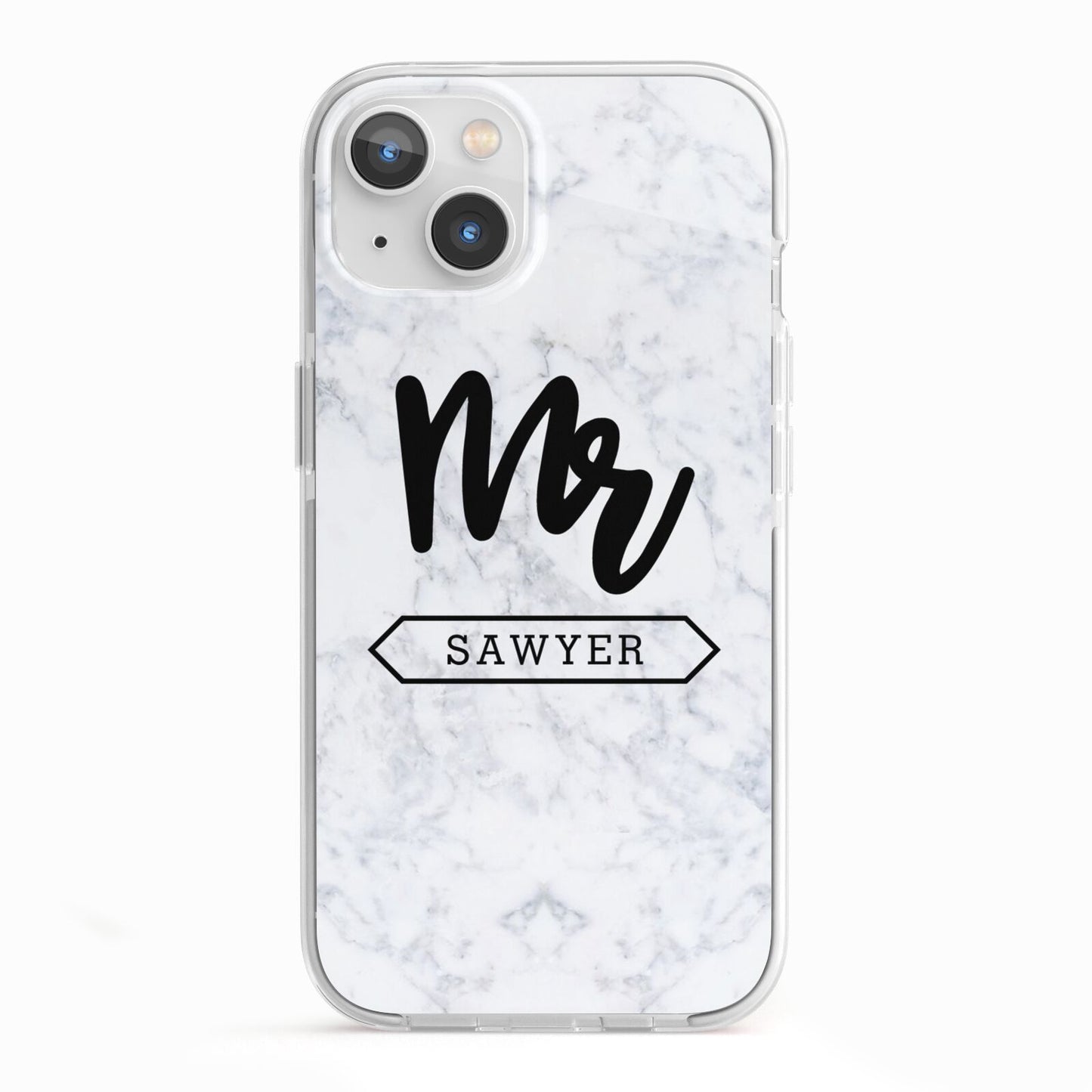 Personalised Black Mr Surname On Marble iPhone 13 TPU Impact Case with White Edges