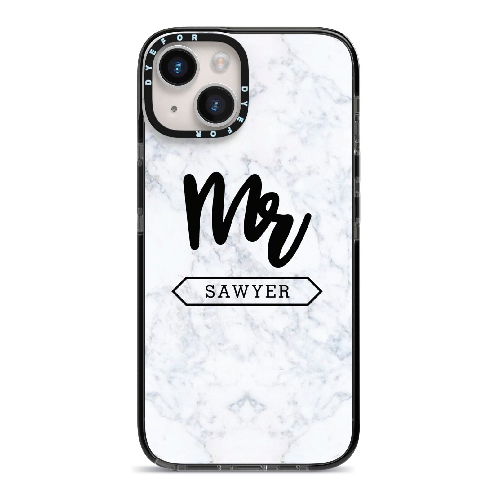 Personalised Black Mr Surname On Marble iPhone 14 Black Impact Case on Silver phone
