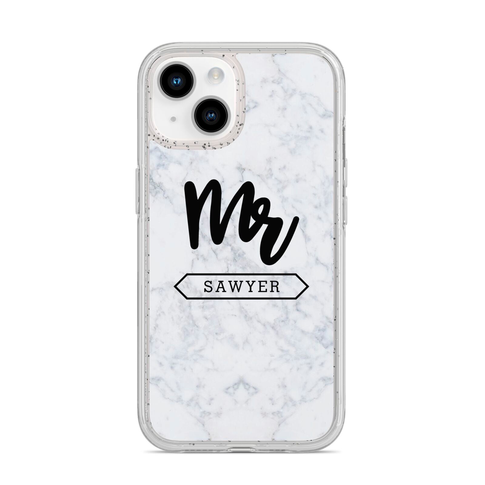 Personalised Black Mr Surname On Marble iPhone 14 Glitter Tough Case Starlight