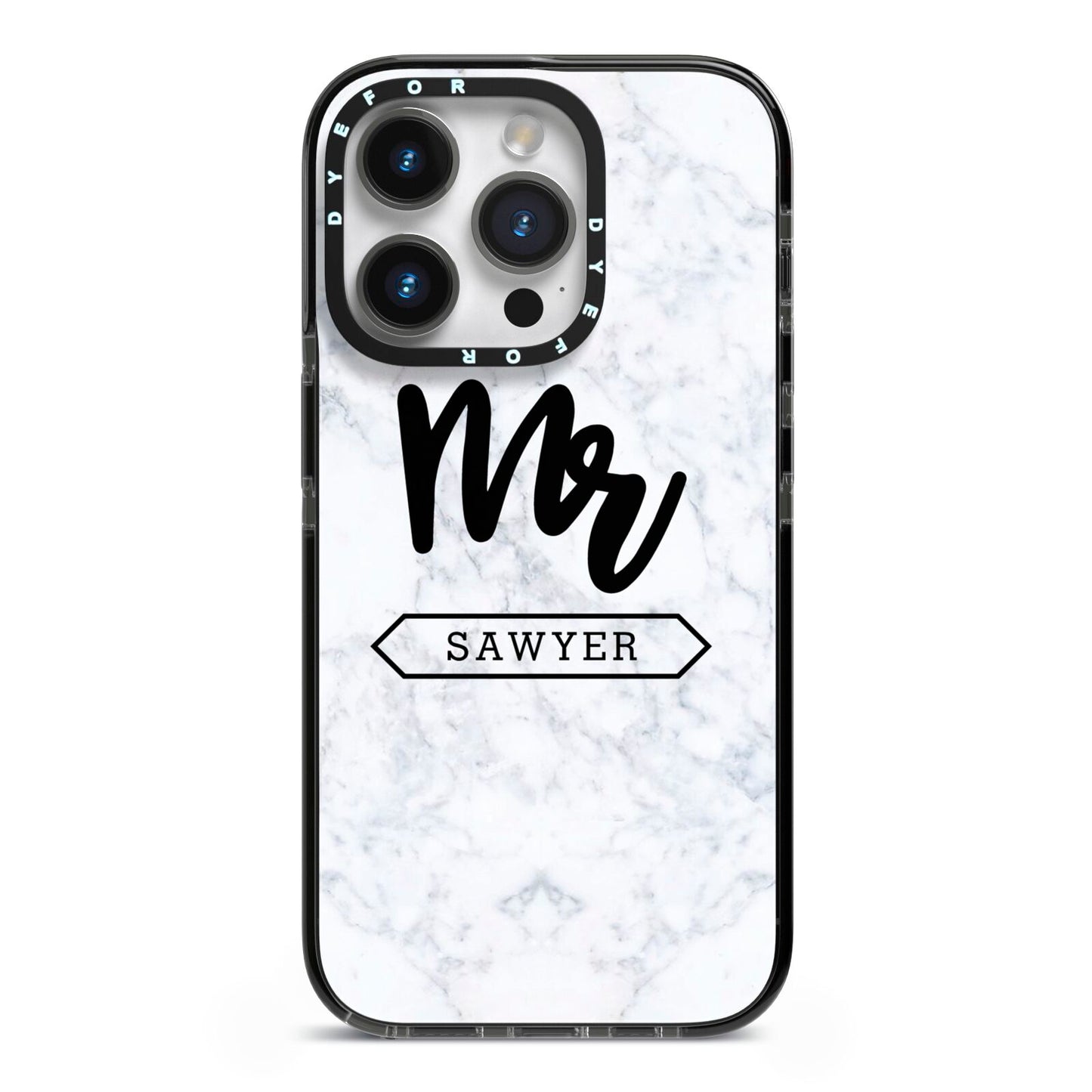Personalised Black Mr Surname On Marble iPhone 14 Pro Black Impact Case on Silver phone