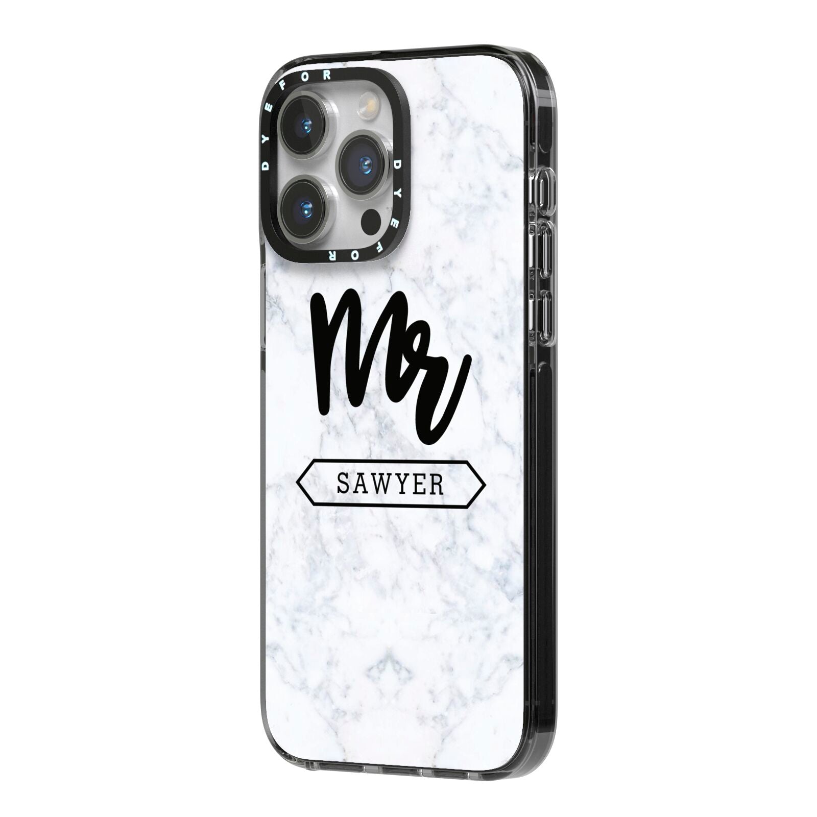 Personalised Black Mr Surname On Marble iPhone 14 Pro Max Black Impact Case Side Angle on Silver phone
