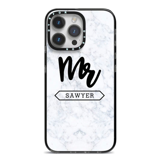 Personalised Black Mr Surname On Marble iPhone 14 Pro Max Black Impact Case on Silver phone