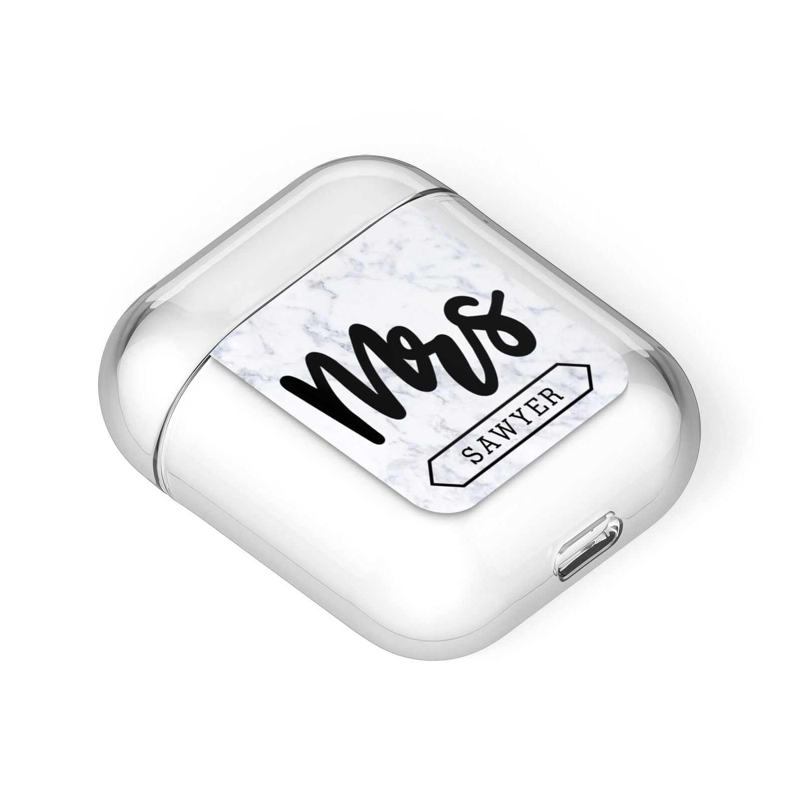 Personalised Black Mrs Surname On Marble AirPods Case Laid Flat