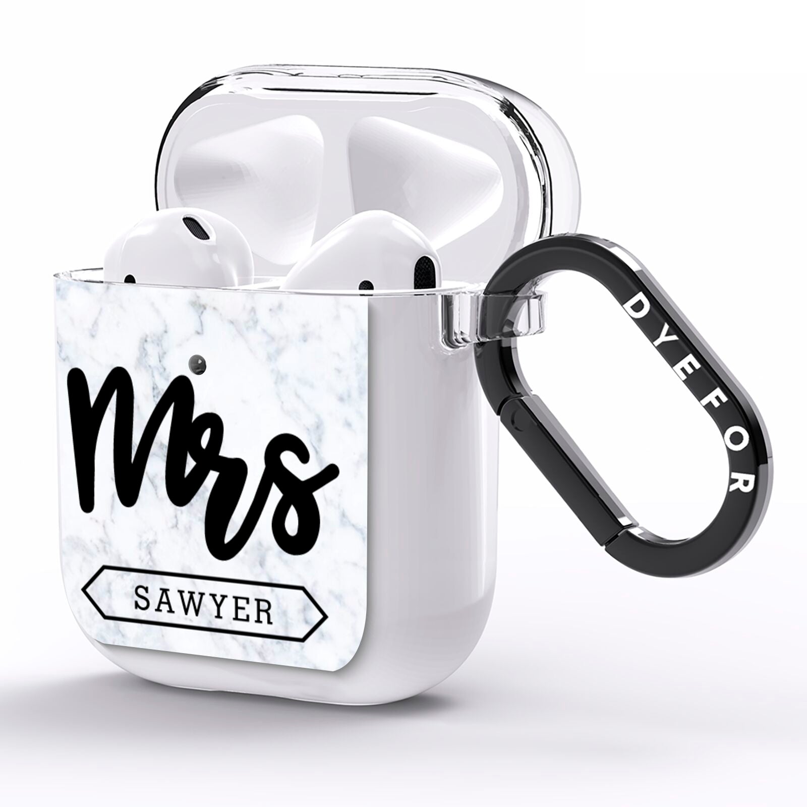 Personalised Black Mrs Surname On Marble AirPods Clear Case Side Image