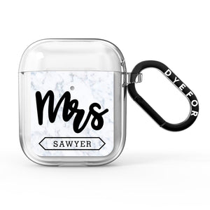 Personalised Black Mrs Surname On Marble AirPods Case