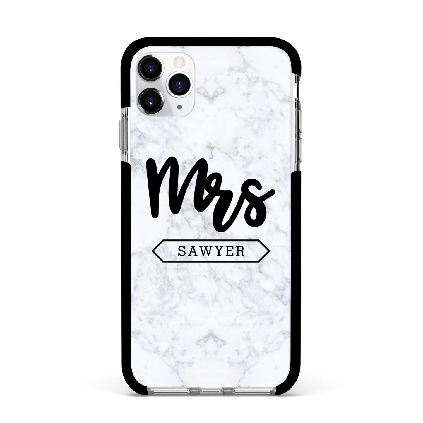 Personalised Black Mrs Surname On Marble Apple iPhone 11 Pro Max in Silver with Black Impact Case