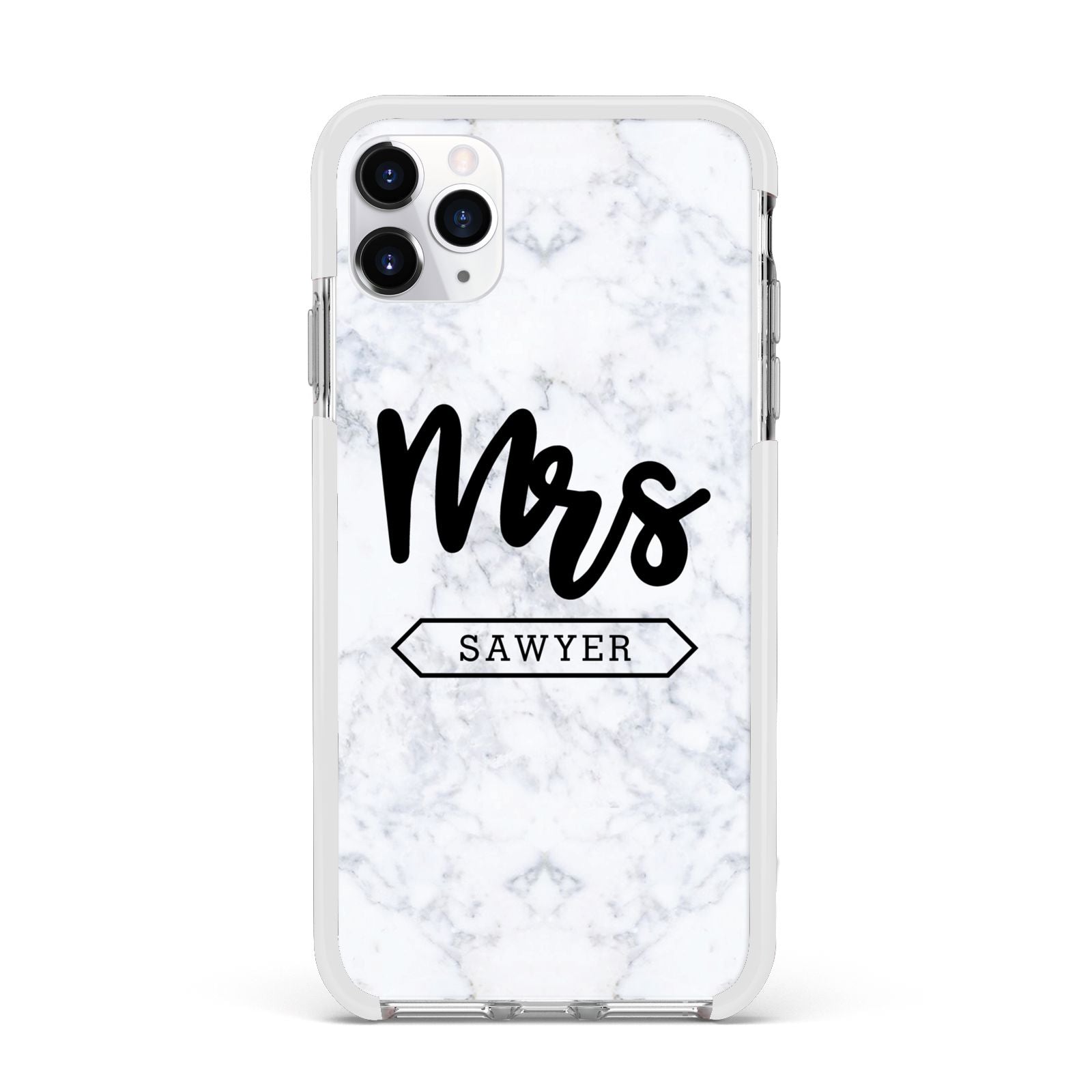 Personalised Black Mrs Surname On Marble Apple iPhone 11 Pro Max in Silver with White Impact Case