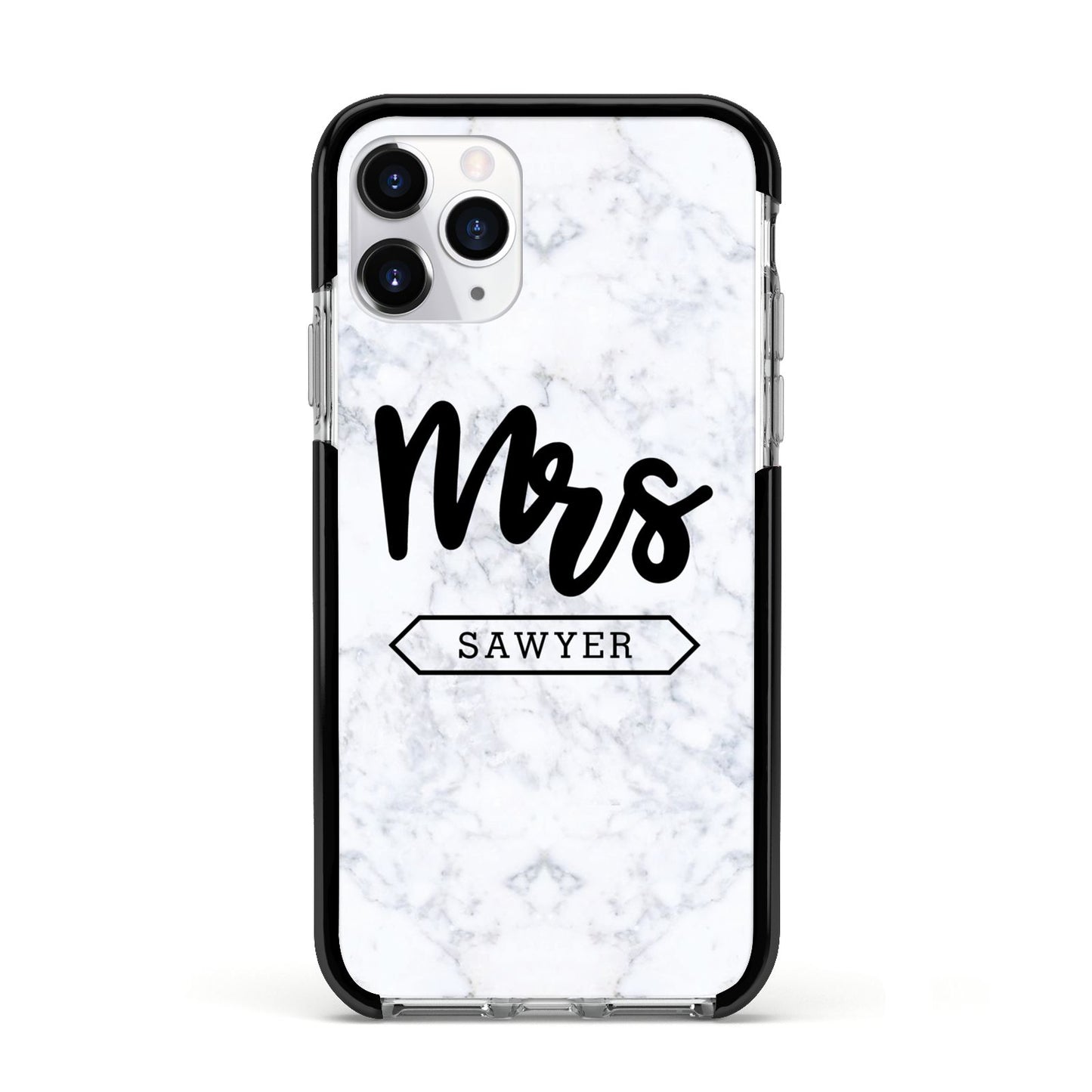 Personalised Black Mrs Surname On Marble Apple iPhone 11 Pro in Silver with Black Impact Case