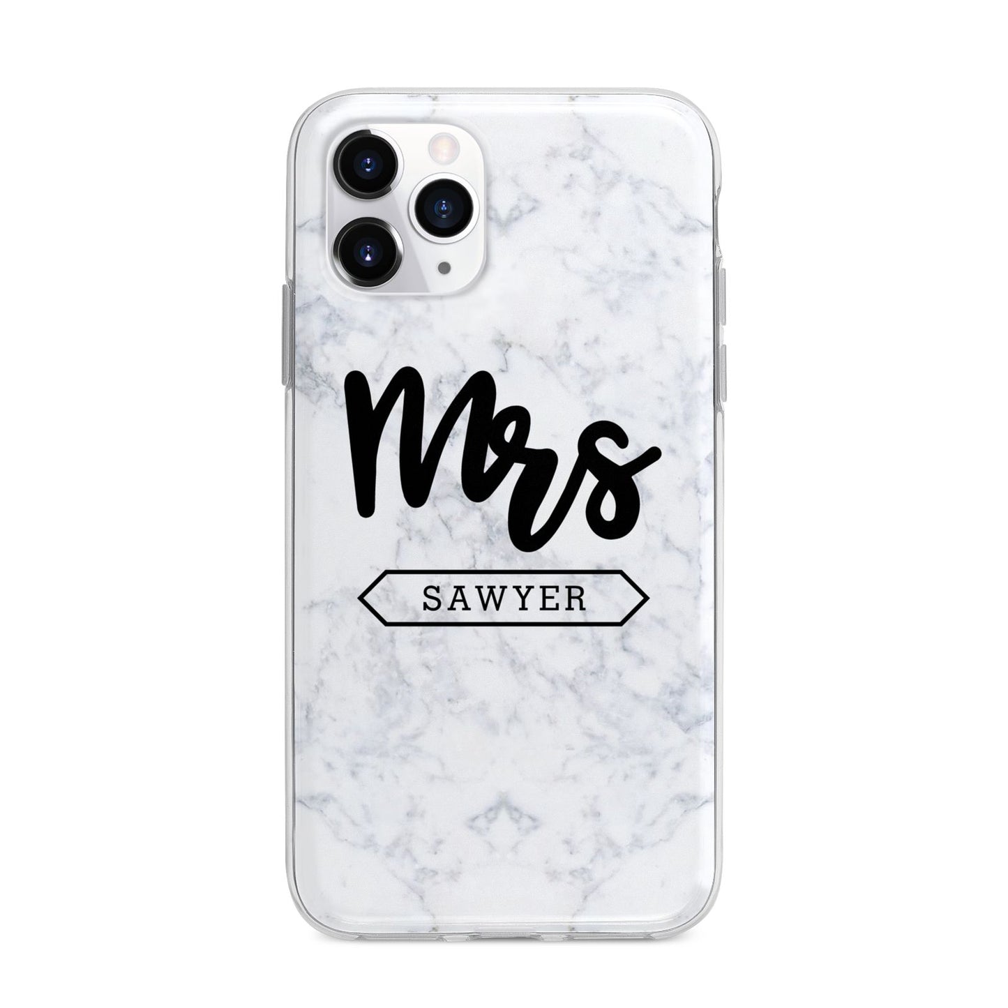 Personalised Black Mrs Surname On Marble Apple iPhone 11 Pro in Silver with Bumper Case