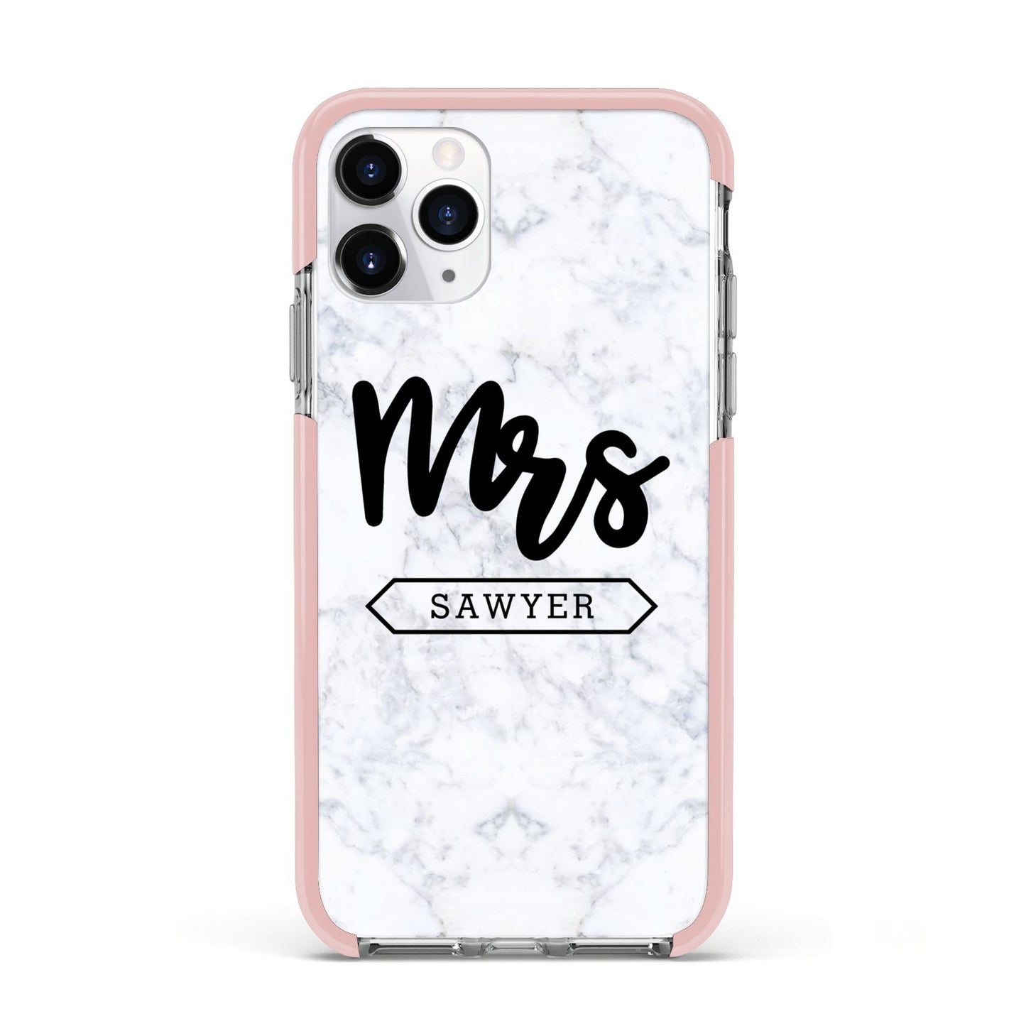 Personalised Black Mrs Surname On Marble Apple iPhone 11 Pro in Silver with Pink Impact Case