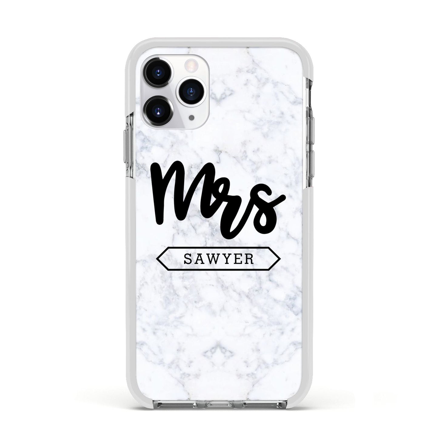 Personalised Black Mrs Surname On Marble Apple iPhone 11 Pro in Silver with White Impact Case