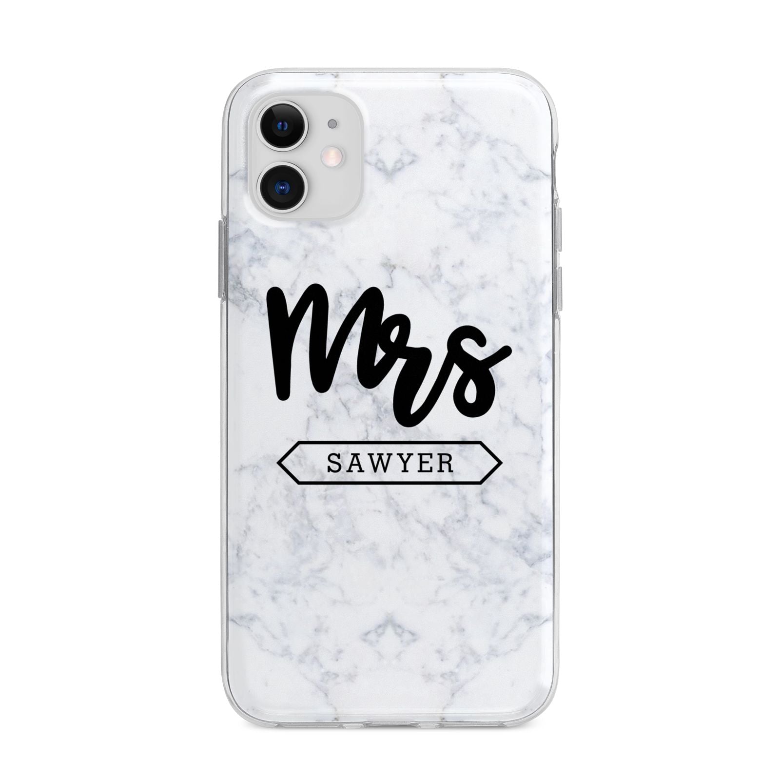 Personalised Black Mrs Surname On Marble Apple iPhone 11 in White with Bumper Case