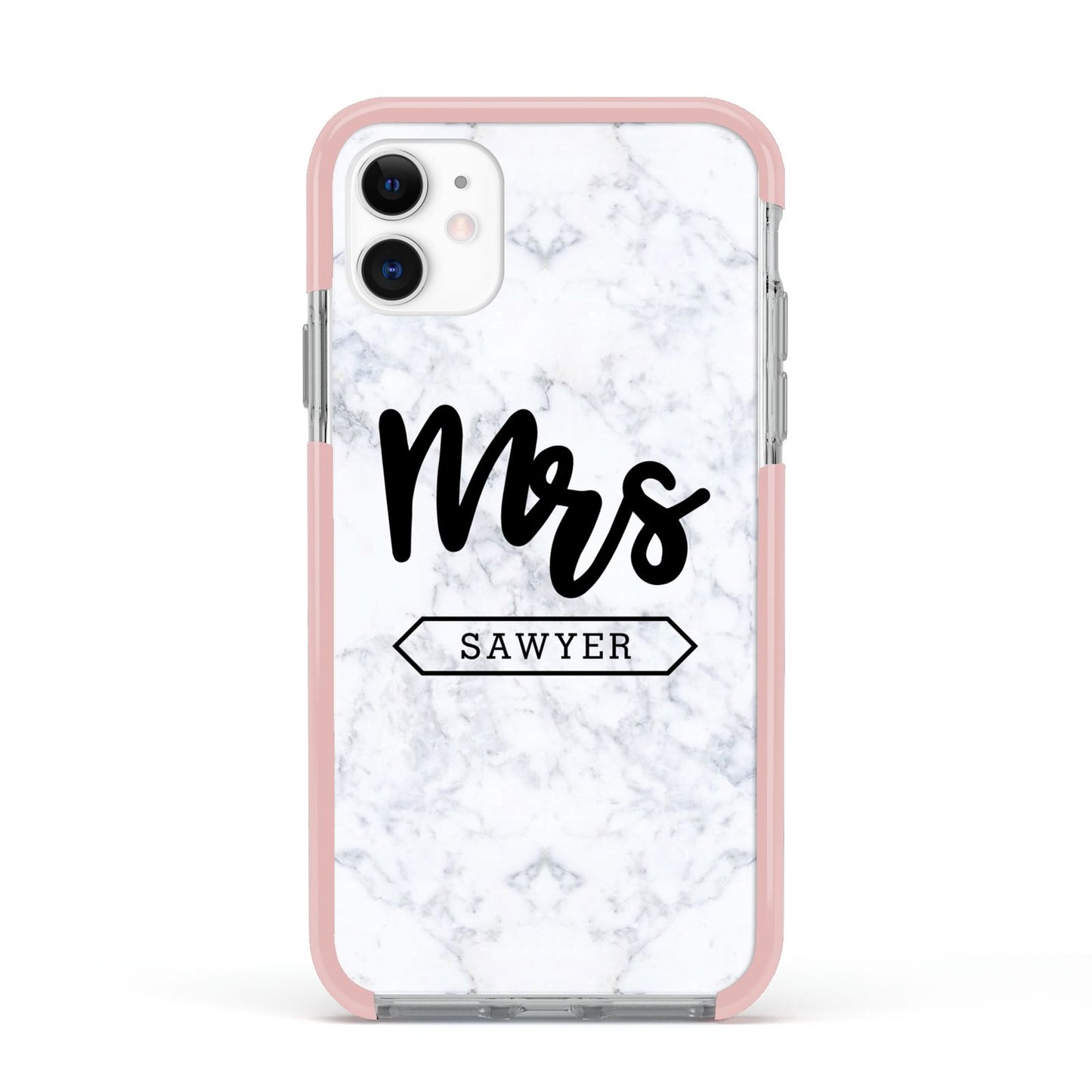 Personalised Black Mrs Surname On Marble Apple iPhone 11 in White with Pink Impact Case