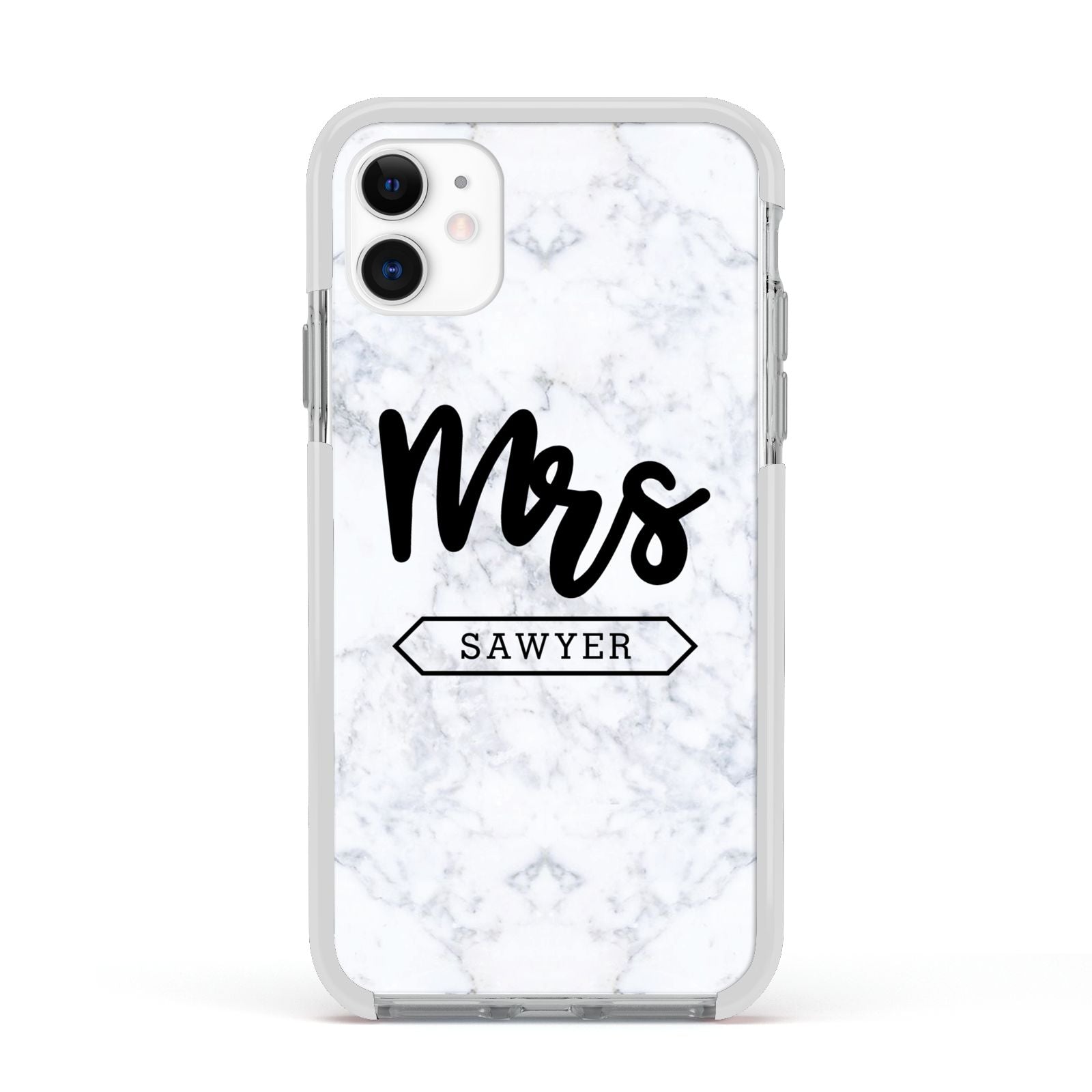 Personalised Black Mrs Surname On Marble Apple iPhone 11 in White with White Impact Case