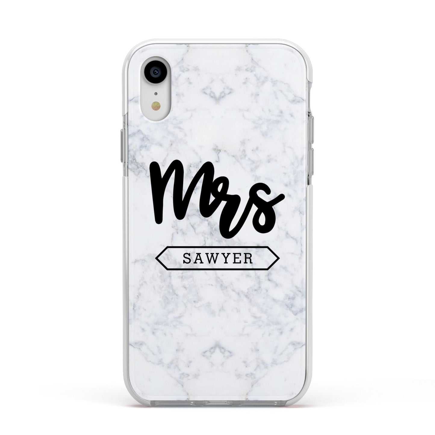 Personalised Black Mrs Surname On Marble Apple iPhone XR Impact Case White Edge on Silver Phone