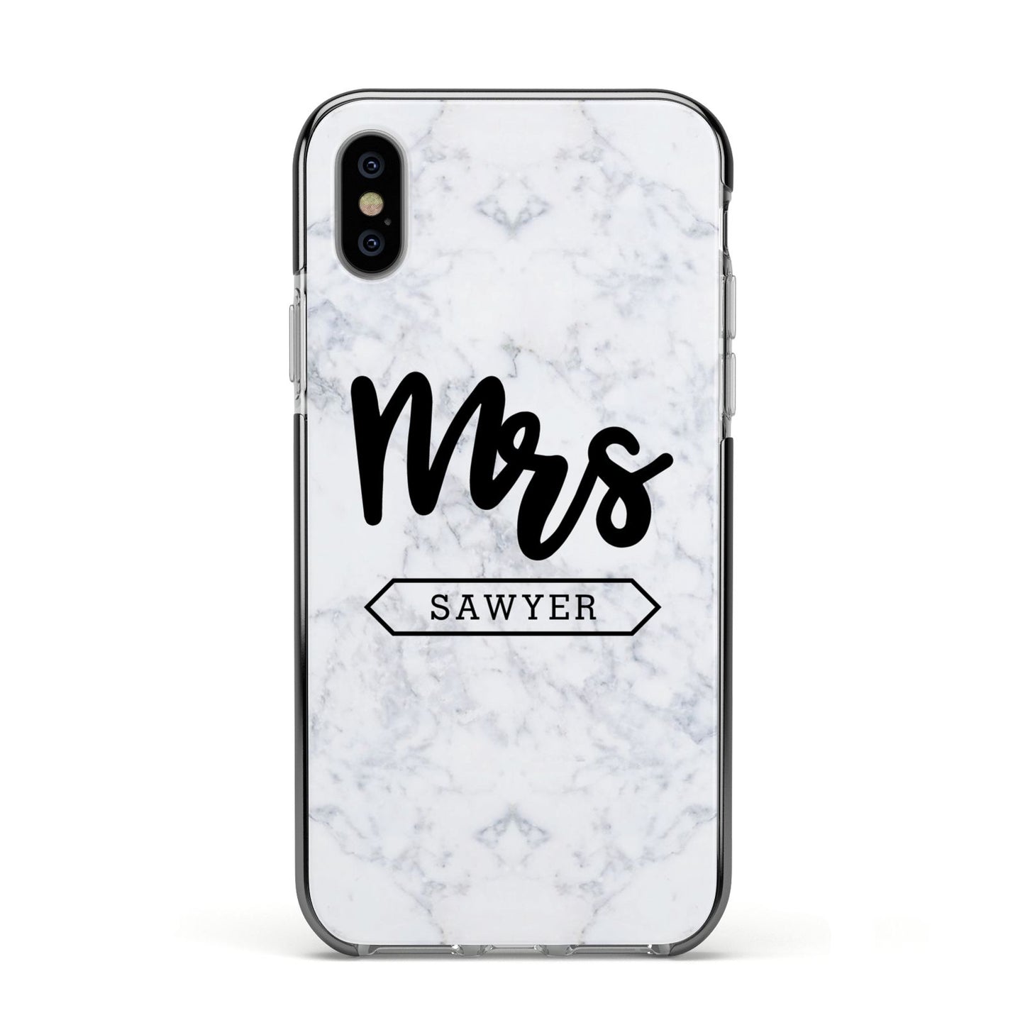 Personalised Black Mrs Surname On Marble Apple iPhone Xs Impact Case Black Edge on Silver Phone