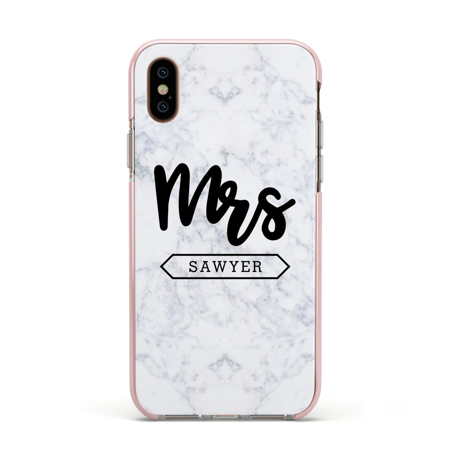 Personalised Black Mrs Surname On Marble Apple iPhone Xs Impact Case Pink Edge on Gold Phone