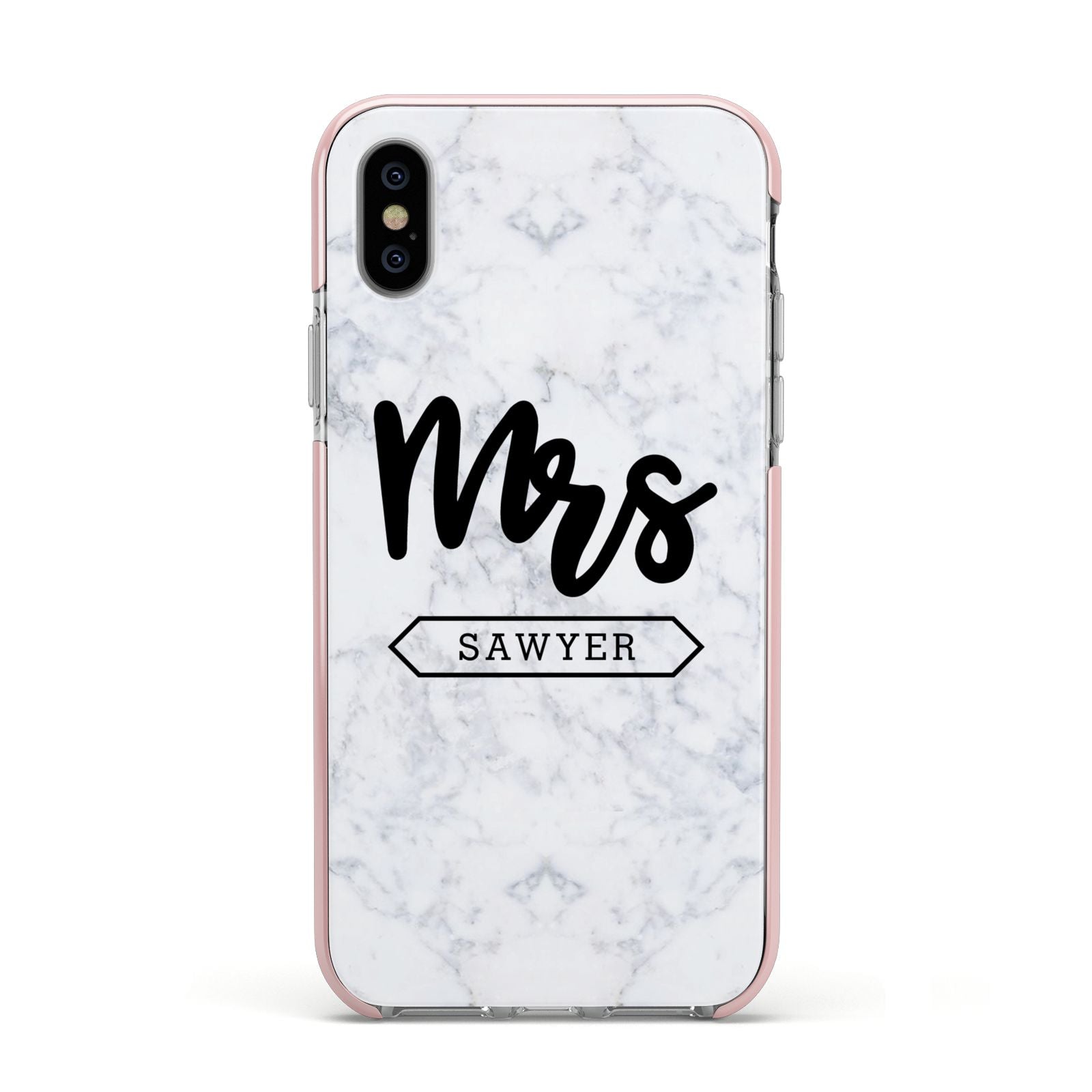 Personalised Black Mrs Surname On Marble Apple iPhone Xs Impact Case Pink Edge on Silver Phone