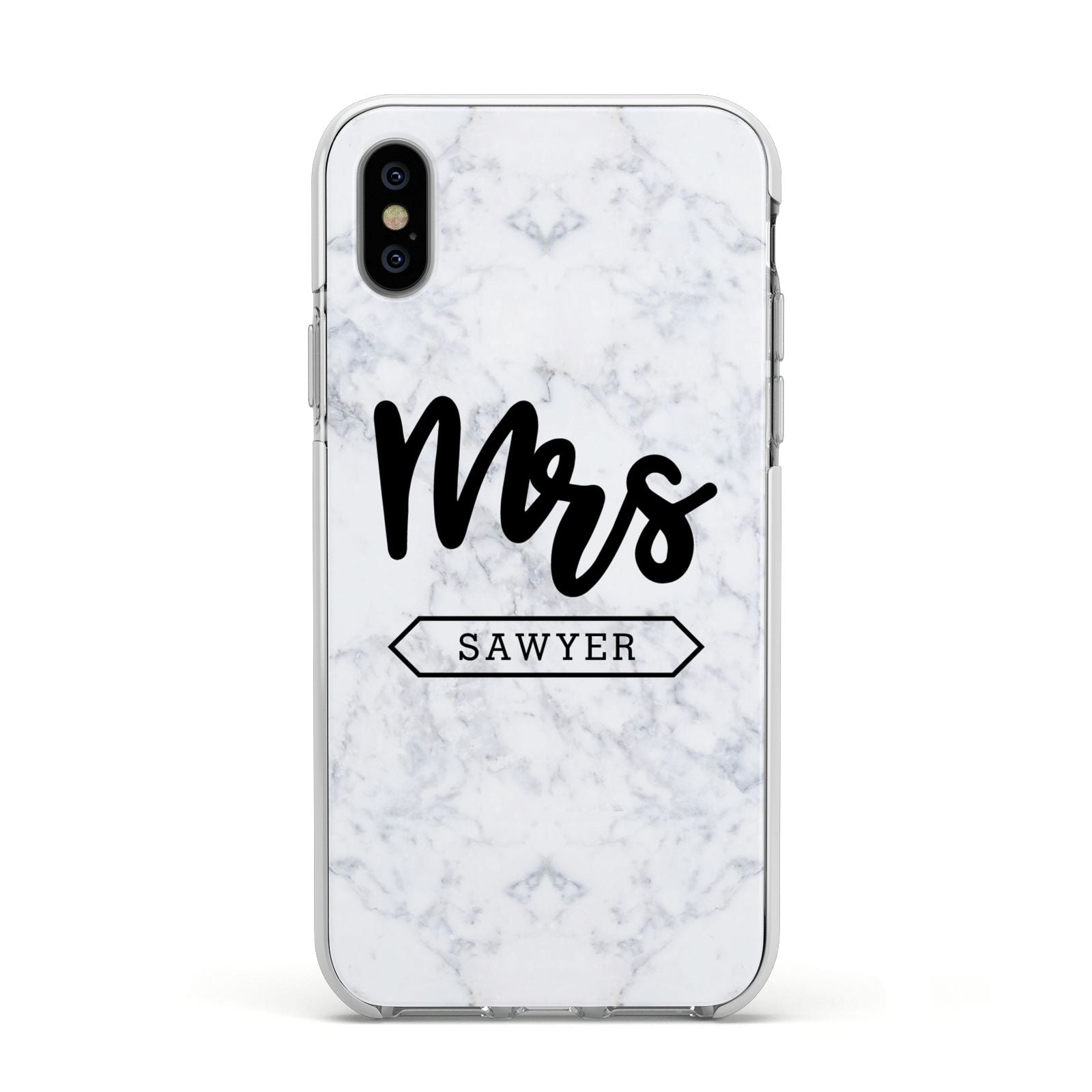 Personalised Black Mrs Surname On Marble Apple iPhone Xs Impact Case White Edge on Silver Phone