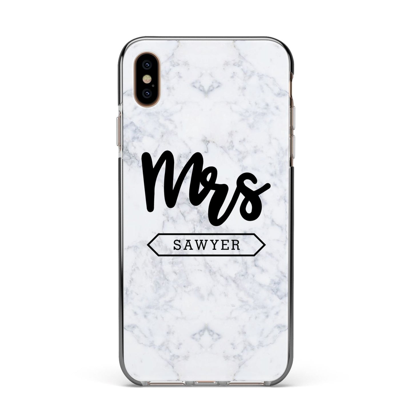 Personalised Black Mrs Surname On Marble Apple iPhone Xs Max Impact Case Black Edge on Gold Phone