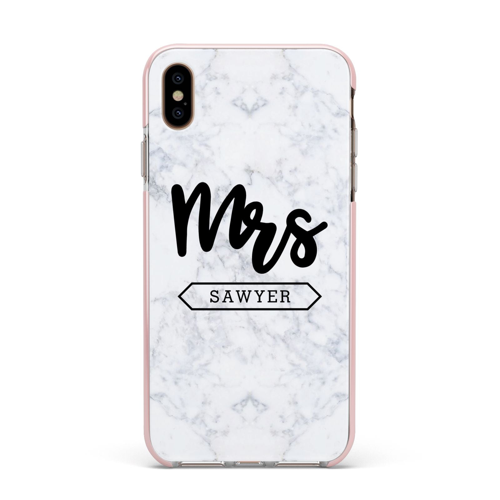 Personalised Black Mrs Surname On Marble Apple iPhone Xs Max Impact Case Pink Edge on Gold Phone
