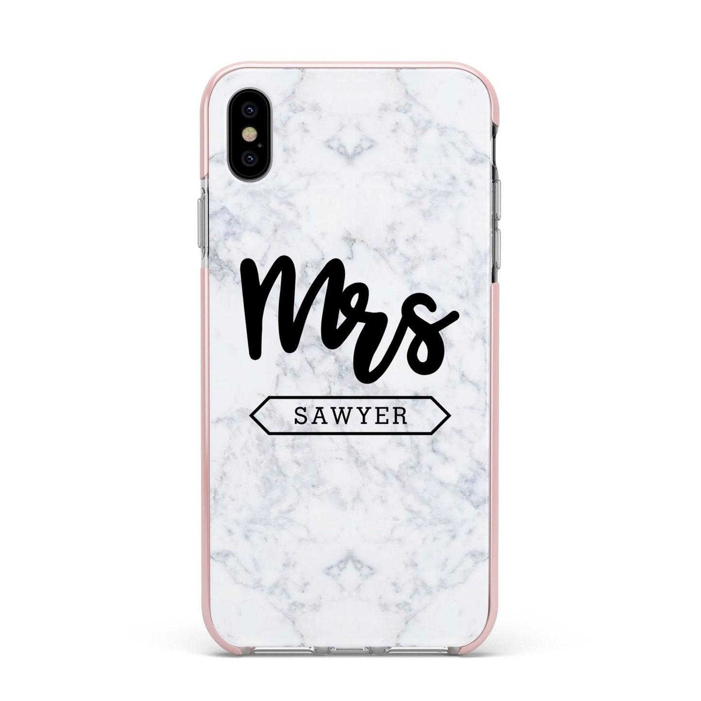 Personalised Black Mrs Surname On Marble Apple iPhone Xs Max Impact Case Pink Edge on Silver Phone