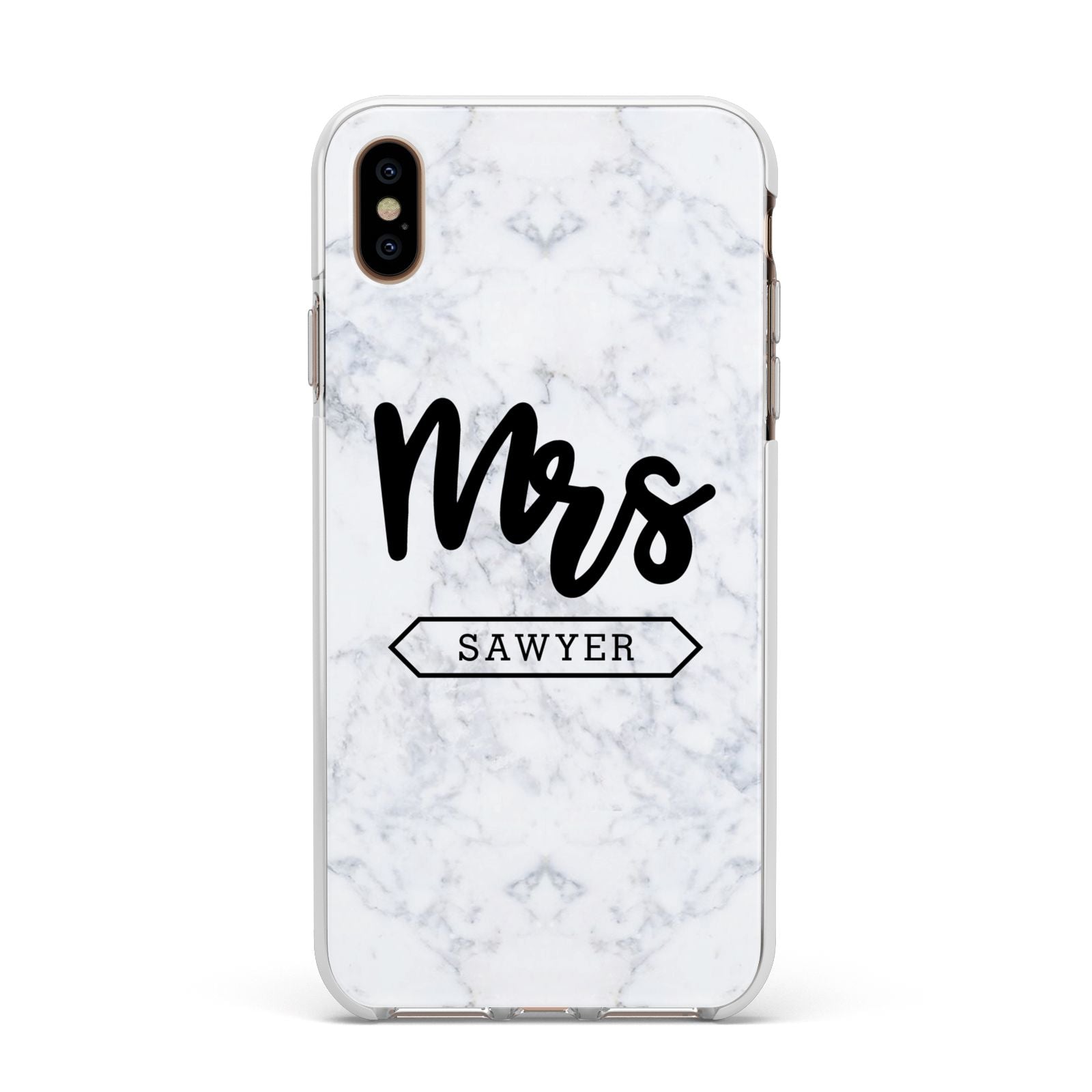 Personalised Black Mrs Surname On Marble Apple iPhone Xs Max Impact Case White Edge on Gold Phone