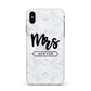 Personalised Black Mrs Surname On Marble Apple iPhone Xs Max Impact Case White Edge on Silver Phone